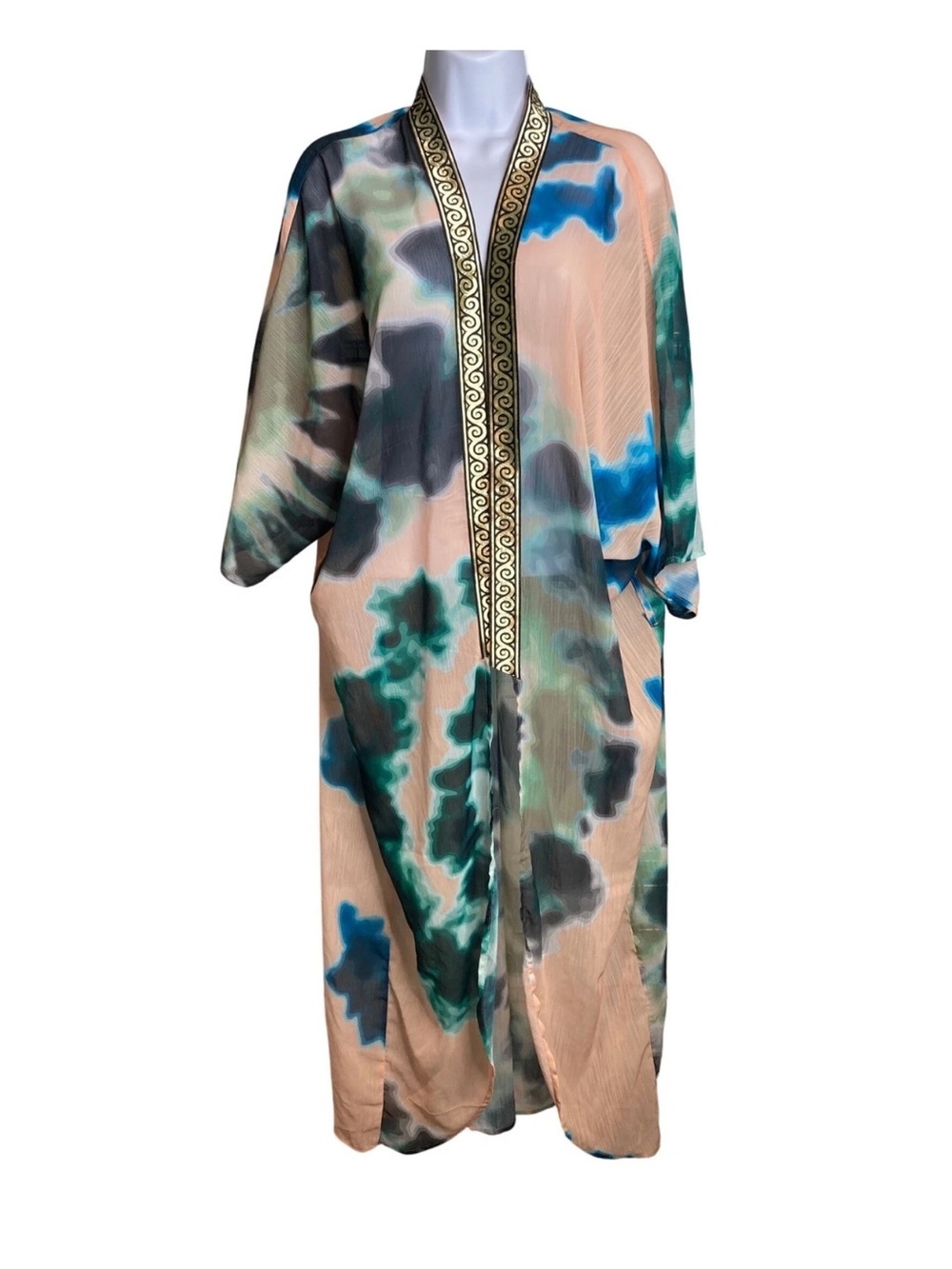 Silk-Feel Long Robe Kimono - Peach & Teal Tie-Dye